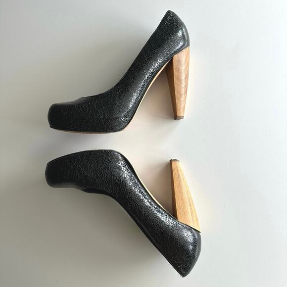 Loeffler Randall Esther Wooden Heel Pebbled Leather Black Platform Heels sz 9 - Picture 2 of 9